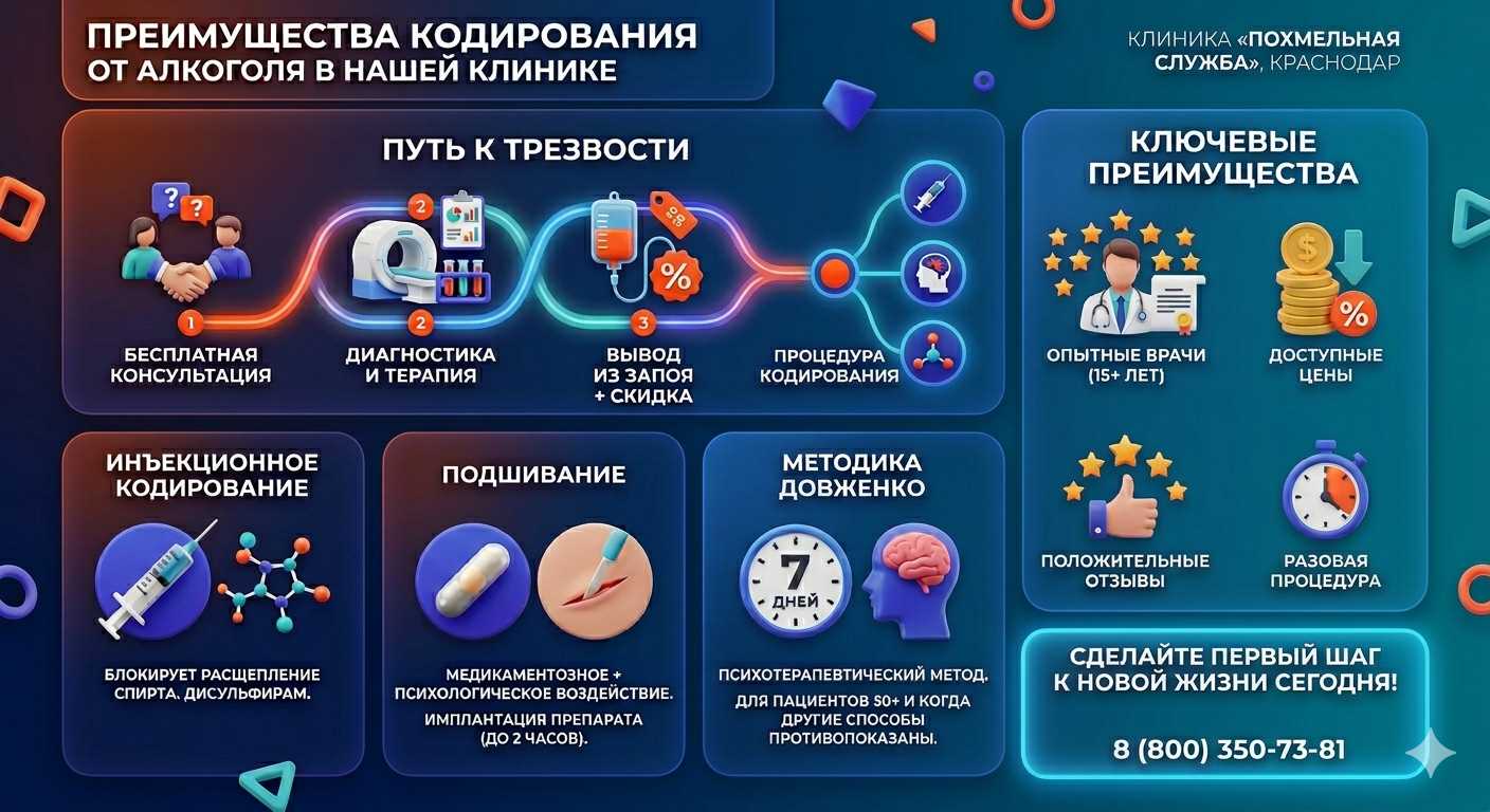 Инфографика о методах кодирования от алкоголя в Кунгуре: инъекции, подшивание, метод Довженко. Преимущества клиники и этапы лечения.